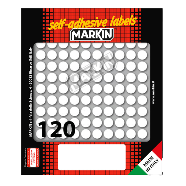 MD_31063 Etichette adesive tonde - in carta - permanenti - diametro 10 mm - 120 et/fg - 10 fogli - bianco - Markin - immagine 1