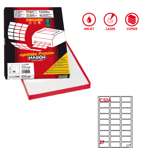 MD_31124 Etichette adesive C/524 - in carta - permanenti - 56 x 28 mm - 27 et/fg - 100 fogli - bianco - angoli tondi - Markin - immagine 1