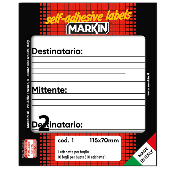 MD_32425 Etichette adesive - in carta - permanenti - 115 x 70 mm - 2 et/fg - 10 fogli - mittente/destinatario - bianco - Markin - immagine 1