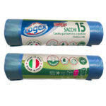 Sacchi per immondizia con maniglie - 53 x 65 cm - 40 L - 25 micron - blu - Logex Professional - rotolo da 15 sacchetti