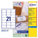 Etichette adesive J8160 - in carta - angoli arrotondati - inkjet - permanenti - 63,5 x 38,1 mm - 21 et/fg - 25 fogli - bianco - Avery
