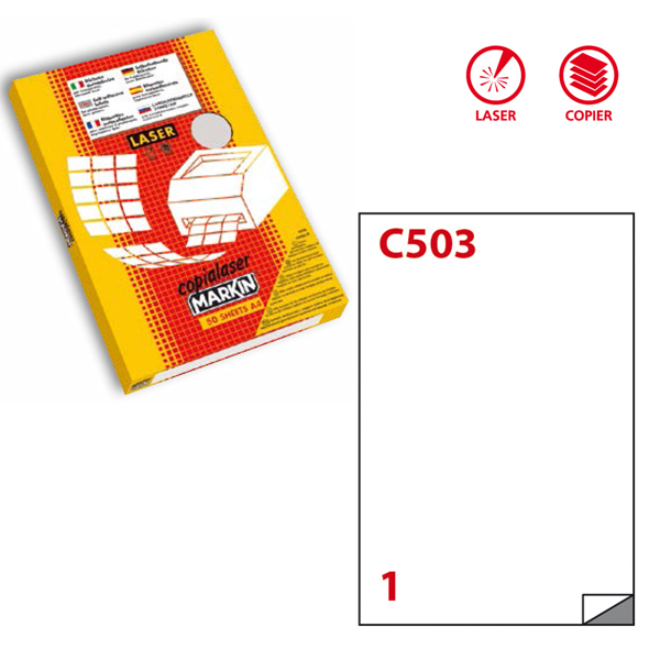 MD_53353 Etichette adesive C/503 - in poliestere - permanenti - 210 x 297 mm - 1 et/fg - 50 fogli - bianco opaco - x laser - Markin - immagine 1