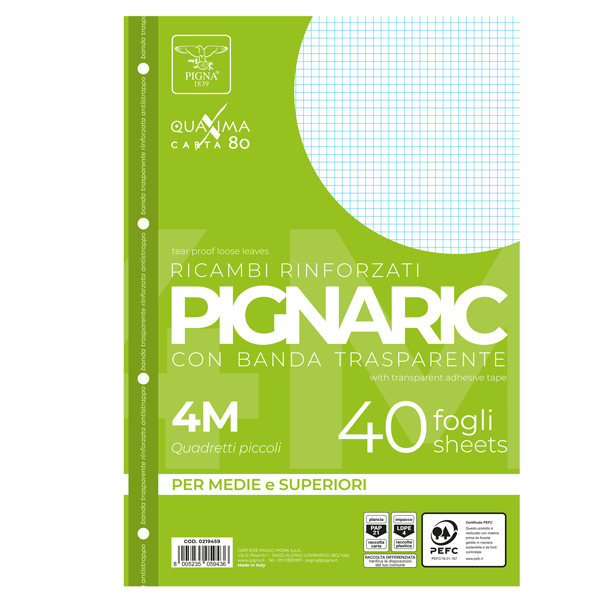 MD_54883 Ricambi forati rinforzati Pignaric - A4 - 4mm - 80gr - Pigna - conf. 40 pezzi - immagine 1