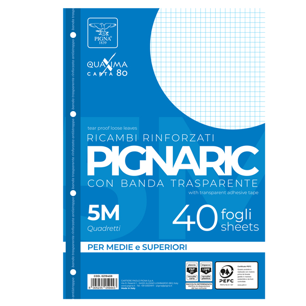 MD_54884 Ricambi forati rinforzati Pignaric - A4 - 5mm - 80gr - Pigna - conf. 40 pezzi - immagine 1