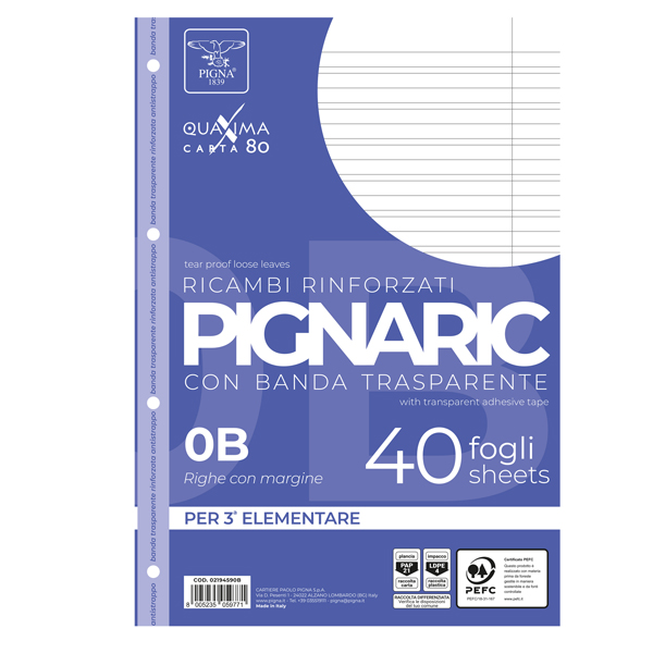 MD_54886 Ricambi forati rinforzati Pignaric - A4 - rigo di 3a - 80gr - Pigna - conf. 40 pezzi - immagine 1
