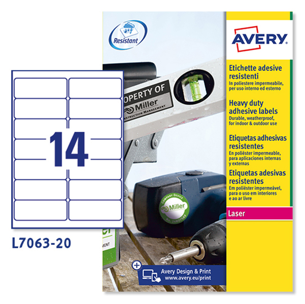 MD_63344 Etichette adesive extra strong L7063 - in poliestere - laser - permanenti - 99,1 x 38,1 mm - 14 et/fg - 20 fogli - bianco - Avery - immagine 1