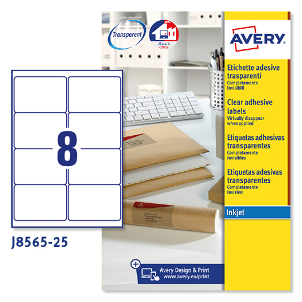 MD_70136 Etichette adesive J8565 - in poliestere - inkjet - rimovibili - 99,1 x 67,7 mm - 8 et/fg - 25 fogli - trasparente - Avery - immagine 1