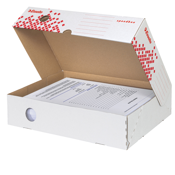 MD_74728 Scatola archivio Speedbox - dorso 8 cm - 35 x 25 cm - apertura totale - bianco e rosso - Esselte - immagine 1