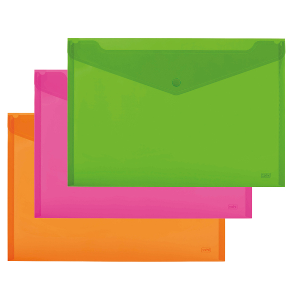 MD_77448 Busta con bottone - 24 x 18,5 cm - PP - colori assortiti fluo - Lebez - conf. 5 pezzi - immagine 1