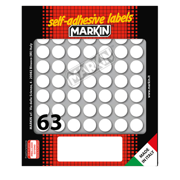 MD_78194 Etichette adesive tonde - in carta - permanenti - diametro 14 mm - 63 et/fg - 10 fogli - bianco - Markin - immagine 1