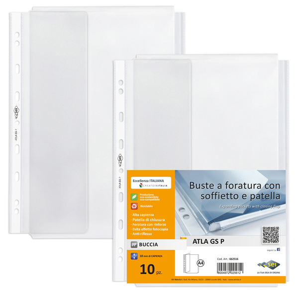 MD_89404 Buste forate ATLA GS P - 21 x 29,7 cm - PP - c/soffietto e patella - trasparente buccia - Sei Rota - conf. 10 pezzi - immagine 1