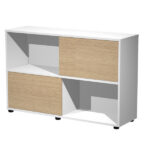 Libreria bassa Tetris a 2 ripiani ante scorrevoli - 120x35x79 cm - bianco/rovere