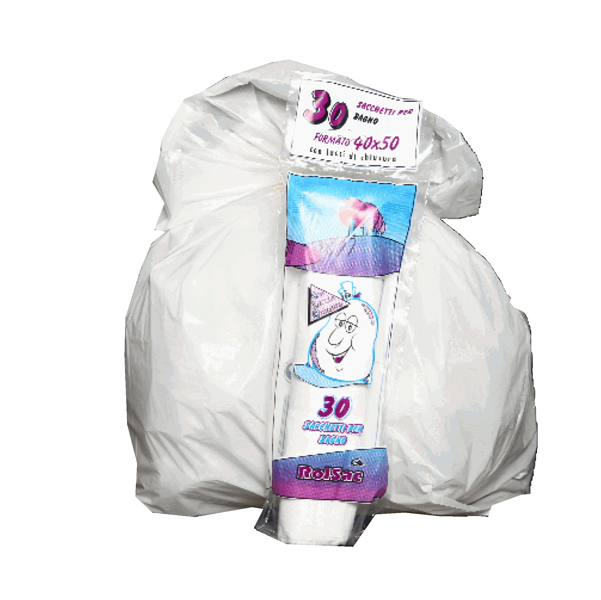 MD_89598 Sacchi bagno - 40 x 50 cm - 15 L - 16 micron - MDPE/HDPE - bianco - Rolsac - conf. 30 pezzi - immagine 1