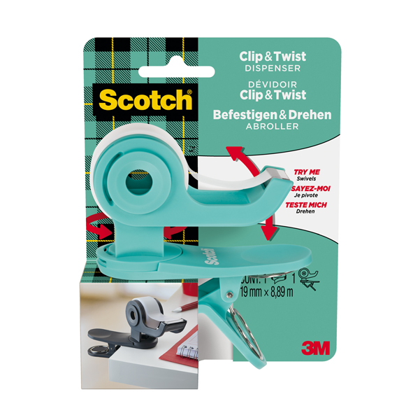 MD_90103 Dispenser Clip & Twist - per nastri 33 m - rotolo da 1,9 cm x 9,8 m incluso - grigio - Scotch - immagine 1