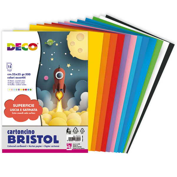 MD_93940 Cartoncino Bristol - 25 x 35 cm - 200 gr - colori assortiti - 15 fogli - Deco - immagine 1