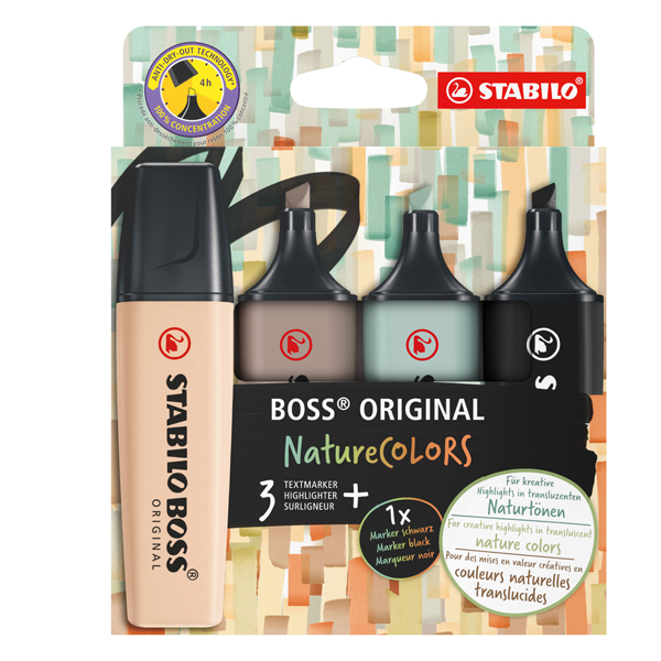 MD_99517 Evidenziatore Stabilo Boss NatureColors - punta a scalpello - colori assortiti - Stabilo - astuccio 4 pezzi - immagine 1