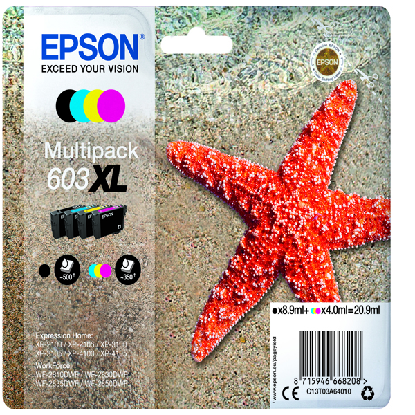 MD_EPST03A64010 Epson - Multipack Cartucce Ink - 603XL - C/M/Y/K - C13T03A64010 - C/M/Y 4ml cad / K 8,9ml - immagine 1