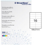 Etichette adesive - in carta - permanenti - 105 x 37 mm - 16 et/fg - 100 fogli - bianco - Starline