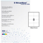 Etichette adesive - in carta - permanenti - 105 x 72 mm - 8 et/fg - 100 fogli - bianco - Starline