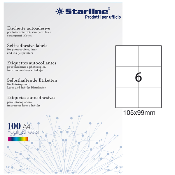 MD_STL3035 Etichette adesive - in carta - permanenti - 105 x 99 mm - 6 et/fg - 100 fogli - bianco - Starline - immagine 1
