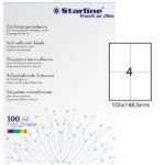 Etichette adesive - in carta - permanenti - 105 x 148,5 mm - 4 et/fg - 100 fogli - bianco - Starline