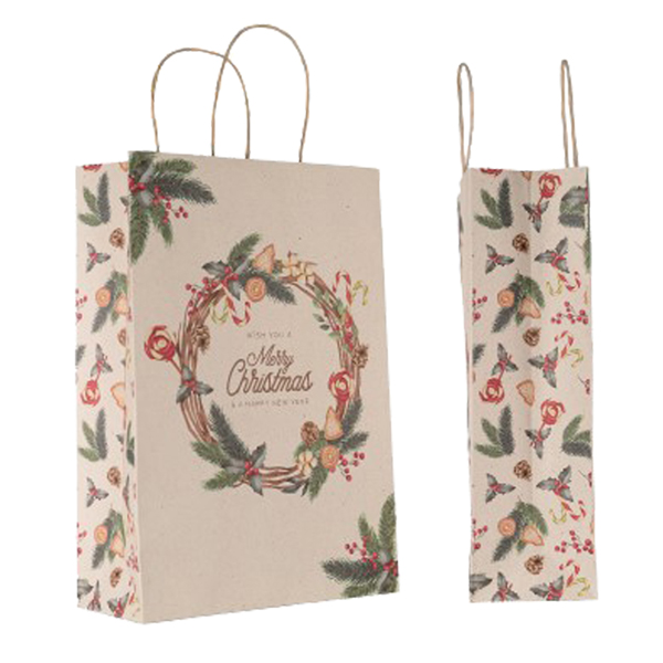 MD_102026 Shopper - maniglie cordino - 18 x 8 x 24 cm - carta kraft - natale ghirlanda verde - Mainetti Bags - conf. 25 pezzi - immagine 1