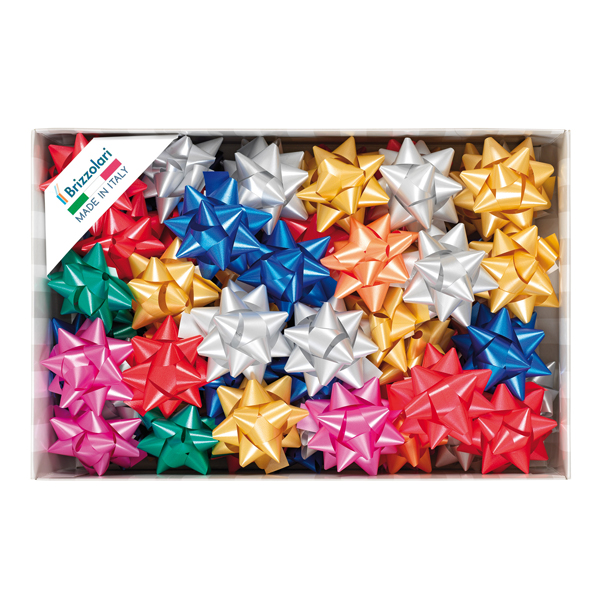 MD_88219 Stelle di nastro liscio 6800 - 19 mm x diam. 9 cm - colori natalizi assortiti - Brizzolari - conf. 70 pezzi - immagine 1